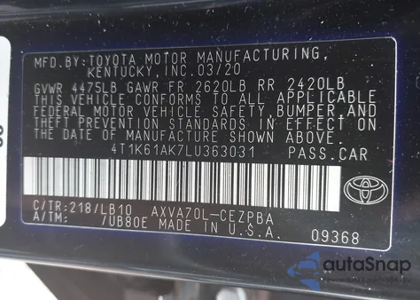 2020 Toyota Camry Xse from USA, damaged, VIN 4T1K61AK7LU363031